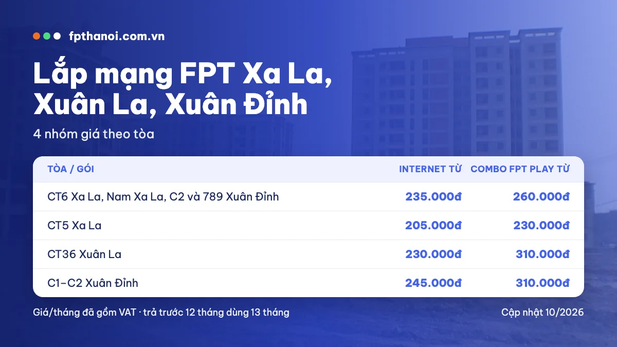 Bảng giá lắp mạng FPT Xa La, Xuân La, Xuân Đỉnh theo tòa